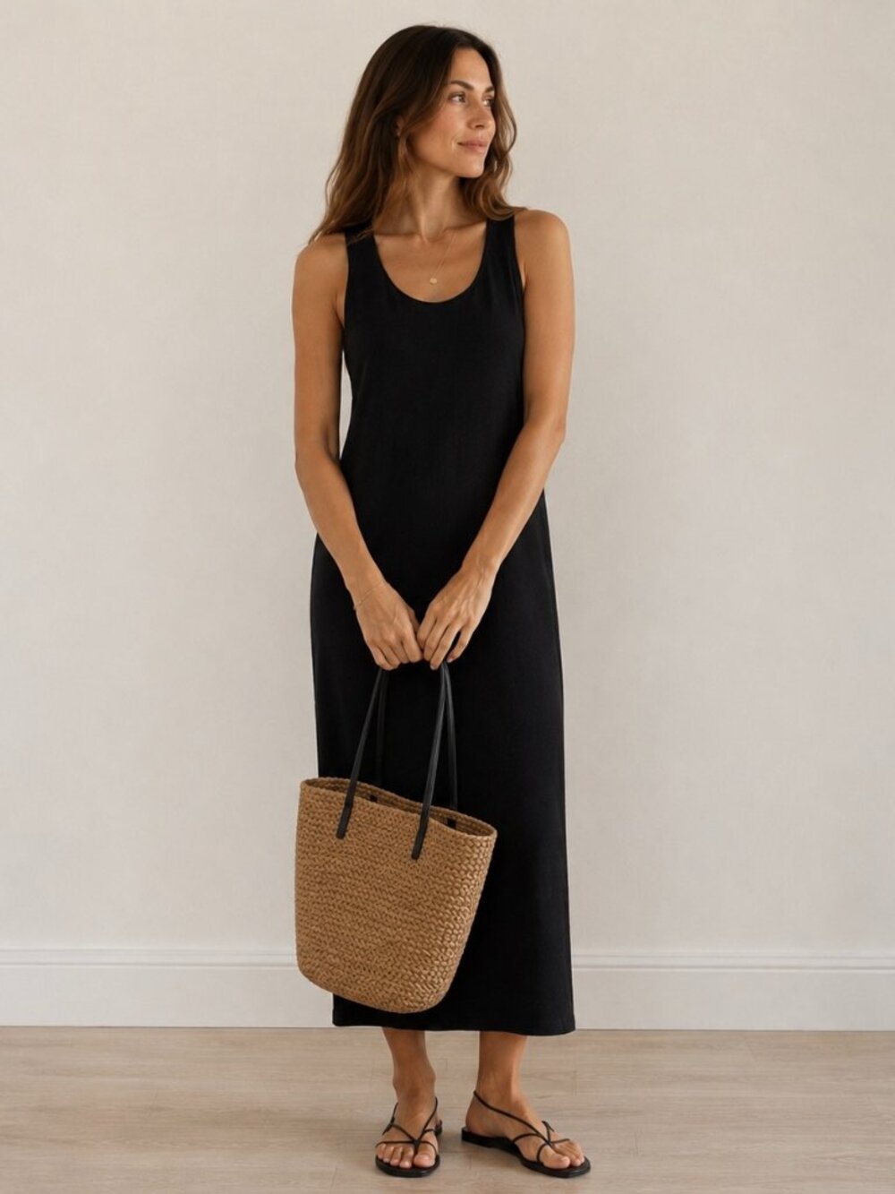 J. Crew Black Linen Blend Midi Dress Sz PM Sleeveless Silk Strap Minimalist Chic